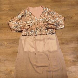 Sequin Evening Top in Silver and Cream With Skirt